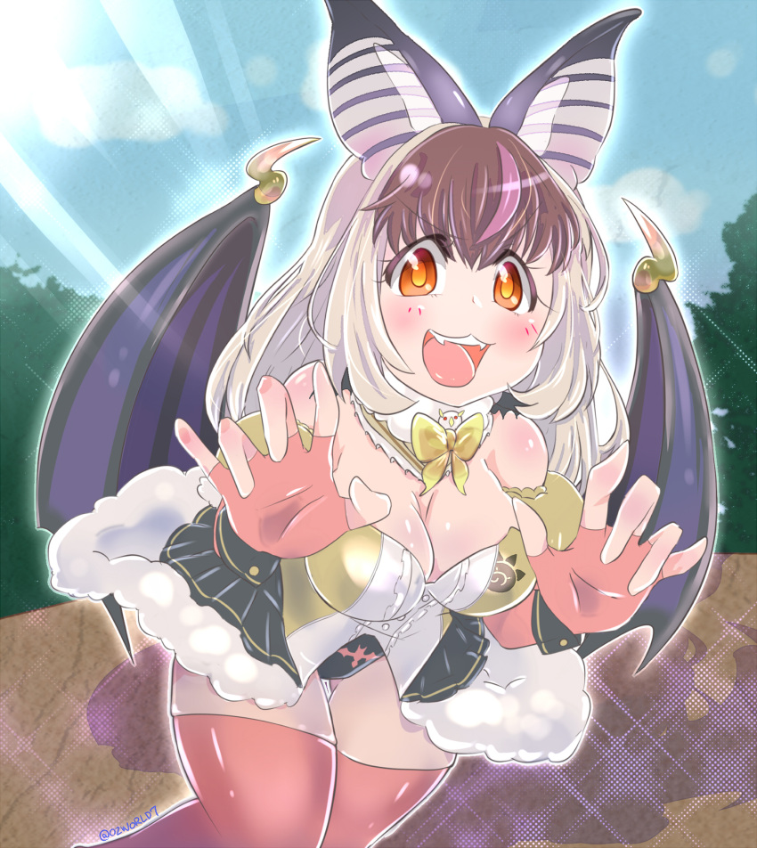 1girl animal_ears bat_ears bat_girl bat_wings blue_sky brown_eyes brown_hair brown_long-eared_bat_(kemono_friends) elbow_gloves extra_ears fingerless_gloves gloves grey_hair highres kemono_friends kemono_friends_v_project kneehighs leotard long_hair looking_at_viewer microphone outdoors ozworld7 simple_background skirt sky socks solo virtual_youtuber wings