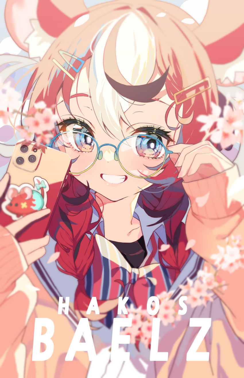 1girl absurdres animal_ear_fluff animal_ears bespectacled black_hair black_shirt blue_eyes character_name collared_shirt flower glasses hair_ornament hairclip hakos_baelz highres holding holding_eyewear holding_phone hololive hololive_english long_hair long_sleeves mouse_ears mouse_girl mr._squeaks_(hakos_baelz) multicolored_hair official_alternate_costume phone red_hair ribbon round_eyewear school_uniform shirt smile streaked_hair striped sweater sweater_vest teeth twintails virtual_youtuber white_hair yellow_sweater yotte