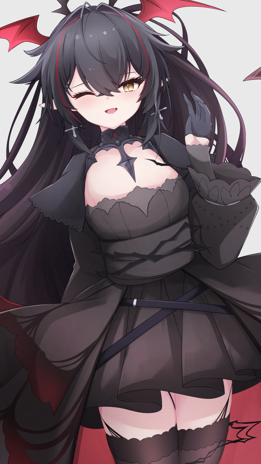 1girl ;d absurdres arm_behind_back azur_lane black_dress black_gloves black_hair blush cross cross_earrings demon_wings dress earrings fang gloves hair_between_eyes hand_up head_wings highres jewelry legs_together long_hair looking_at_viewer multicolored_hair official_alternate_costume one_eye_closed osatou_(soul_of_sugar) pleated_dress red_hair red_wings slit_pupils smile solo standing streaked_hair thighhighs thighs two-tone_hair very_long_hair waving waving_arm wide_sleeves wings yellow_eyes z24_(azur_lane) z24_(blood-red_dance_beneath_the_moon)_(azur_lane)