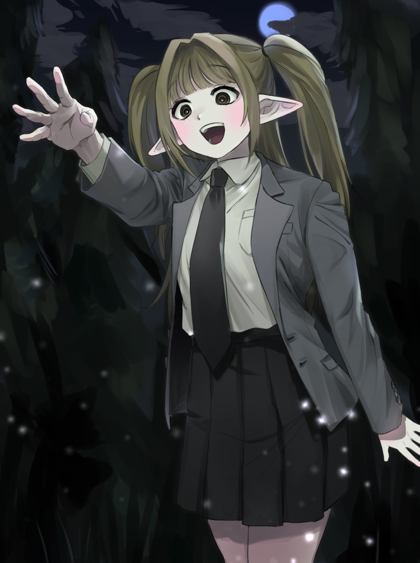 100_(hundredwell) 1girl :d black_necktie black_skirt blonde_hair blunt_bangs breast_pocket bright_pupils buttons cloud collared_shirt commentary full_moon green_eyes hair_intakes high-waist_skirt highres jacket long_hair long_sleeves miniskirt moon necktie night night_sky open_clothes open_jacket open_mouth original outdoors outstretched_arm pine_tree pleated_skirt pocket pointy_ears ringed_eyes shirt skirt sky smile solo standing symbol-only_commentary teeth tree two_side_up unbuttoned white_pupils white_shirt