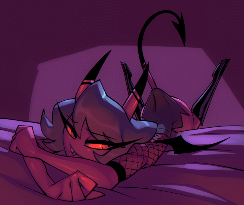 2023 bed bigdad bite biting_lip biting_own_lip butt clothed clothing female furniture helluva_boss humanoid imp kiki_(helluva_boss) looking_back lying not_furry on_bed on_front red_body red_eyes solo spade_tail tail