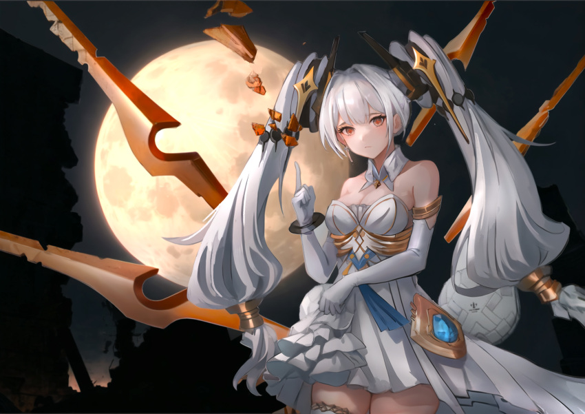 1girl absurdres artist_request breasts cleavage clothes_lift collar cross-shaped_pupils detached_collar dress elbow_gloves floating floating_hair_ornament floating_object floating_weapon full_moon gloves grey_hair headgear highres jewelry long_hair luna_(punishing:_gray_raven) medium_breasts moon orange_eyes punishing:_gray_raven skirt skirt_lift solo symbol-shaped_pupils thighhighs twintails very_long_hair white_collar white_dress white_gloves white_thighhighs
