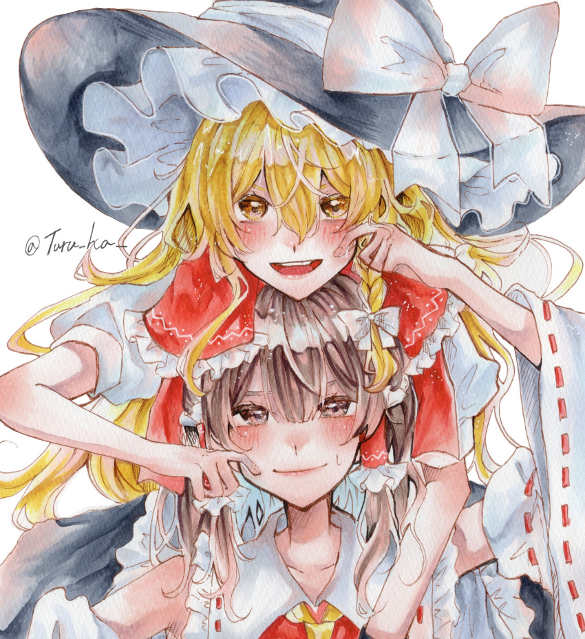 2girls absurdres annin_cha apron arm_up artist_name ascot black_skirt blonde_hair bow brown_eyes brown_hair cheek_pinching closed_mouth collared_shirt commentary_request detached_sleeves frilled_bow frilled_hair_tubes frilled_hat frilled_shirt_collar frills hair_bow hair_tubes hakurei_reimu hand_on_another's_shoulder hat hat_bow hat_ribbon head_on_head head_rest highres kirisame_marisa lips long_hair looking_at_viewer multiple_girls open_mouth pinching puffy_short_sleeves puffy_sleeves red_ribbon red_shirt ribbon ribbon-trimmed_sleeves ribbon_trim shirt short_sleeves sidelocks skirt sweatdrop teeth tongue touhou twitter_username upper_teeth_only white_apron white_bow white_ribbon wide_sleeves witch_hat yellow_ascot yellow_eyes
