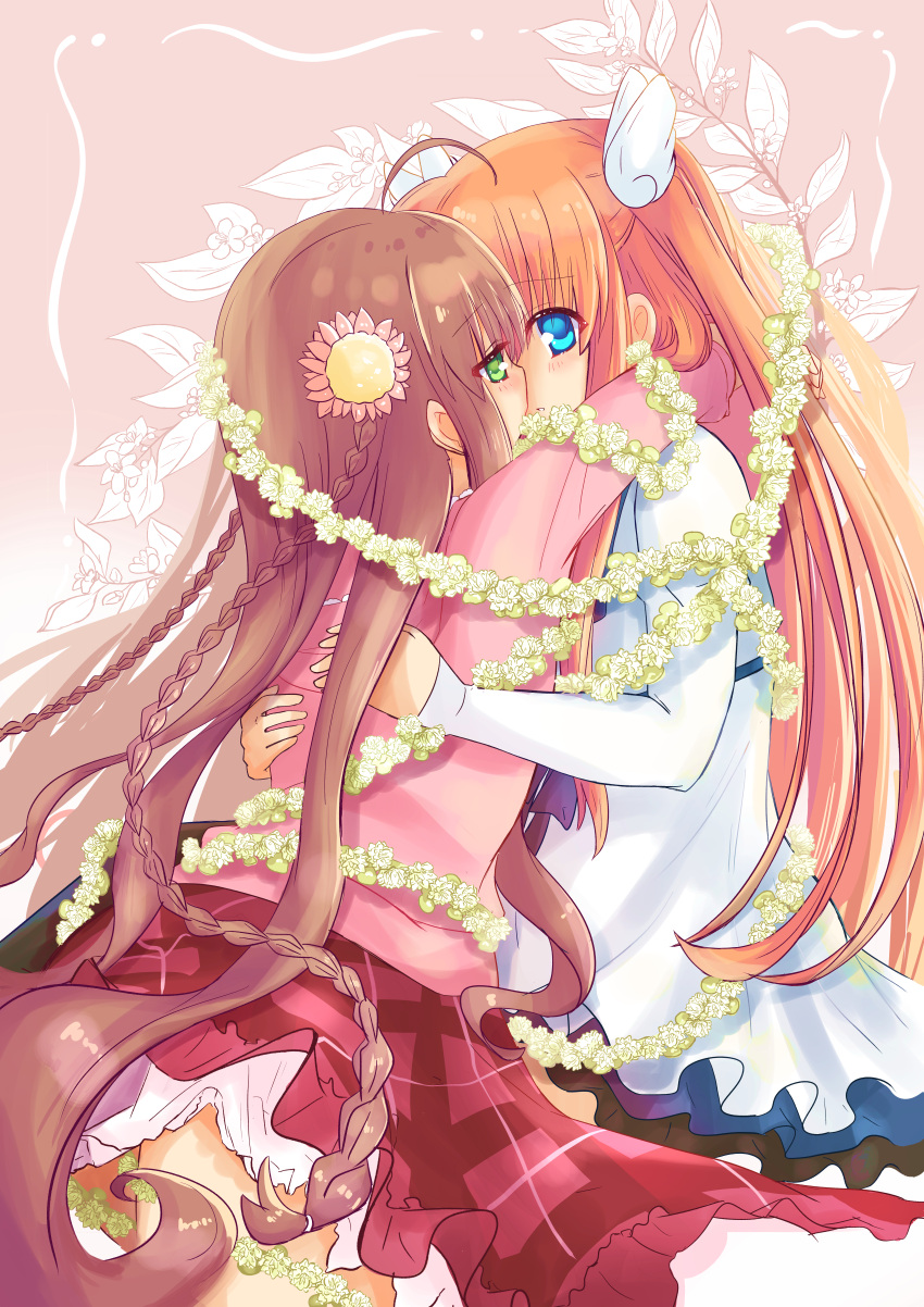 2girls absurdres ahoge arms_around_neck arms_around_waist blue_eyes blush braid brown_hair canaca_chiyuri casual commentary_request cowboy_shot dress eye_contact eyes_visible_through_hair flower flower_wreath frilled_skirt frills from_side green_eyes hair_flower hair_ornament highres hood hoodie hug imminent_kiss jitome kanbe_kotori long_hair long_sleeves looking_at_another multiple_girls official_alternate_costume ootori_chihaya orange_hair petticoat pink_background pink_flower pink_hoodie plaid plaid_skirt profile red_skirt rewrite short_dress simple_background skirt sleeves_past_wrists standing straight_hair tareme twin_braids two_side_up very_long_hair wavy_hair white_dress wing_hair_ornament yuri