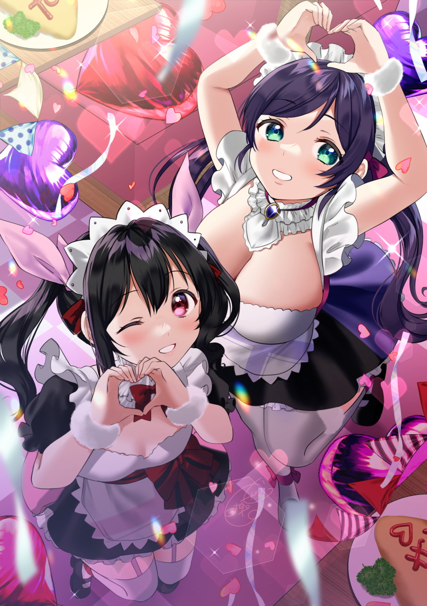 2girls ;d absurdres apron aqua_eyes balloon black_hair black_skirt breasts cleavage cup drinking_glass from_above garter_straps grin heart heart_balloon heart_hands highres kazepana large_breasts looking_at_viewer love_live! love_live!_school_idol_project maid maid_apron maid_headdress mogyutto_"love"_de_sekkin_chuu! multiple_girls official_alternate_costume one_eye_closed puffy_short_sleeves puffy_sleeves purple_hair red_eyes short_sleeves skirt smile thighhighs toujou_nozomi twintails white_apron white_thighhighs wine_glass yazawa_nico