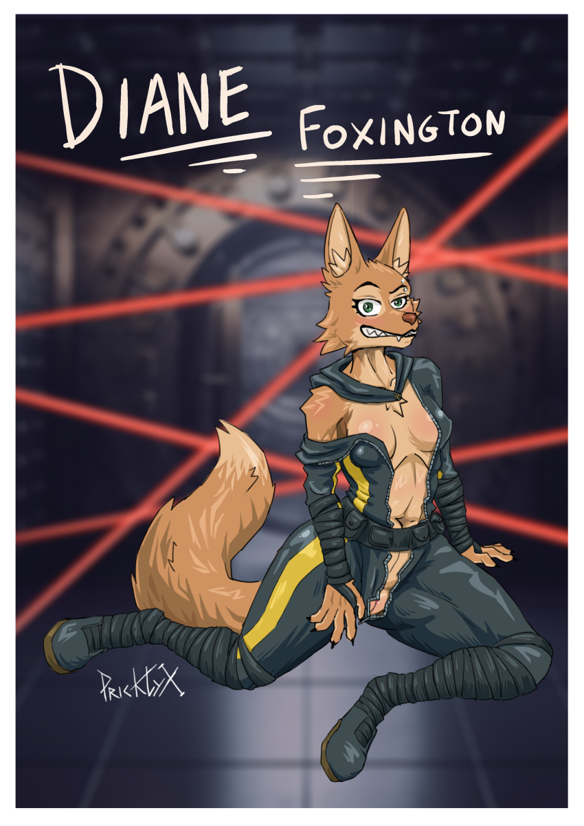 absurd_res anthro bottomless bottomless_female canid canine clothed clothing diane_foxington dreamworks female fox genitals hi_res invalid_tag mammal ninja no_underwear pricklyx pussy solo spy suit the_bad_guys thief warrior