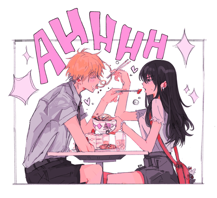 1boy 1girl armlet bag black_hair blonde_hair blush cake chainsaw_man chopsticks couple cup denji_(chainsaw_man) drinking_glass earrings emzok english_text engrish_text food fruit heart highres jewelry long_hair mitaka_asa mutual_feeding noodles ranguage short_hair shoulder_bag strawberry table