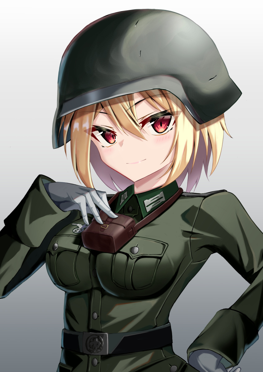 1girl belt blonde_hair breasts combat_helmet commission gloves gradient_background grey_background hand_on_own_chest hand_on_own_hip helmet highres jiseki_rena looking_at_viewer medium_breasts military_uniform original pixiv_commission red_eyes reichsadler smile solo stahlhelm tsurime uniform white_gloves