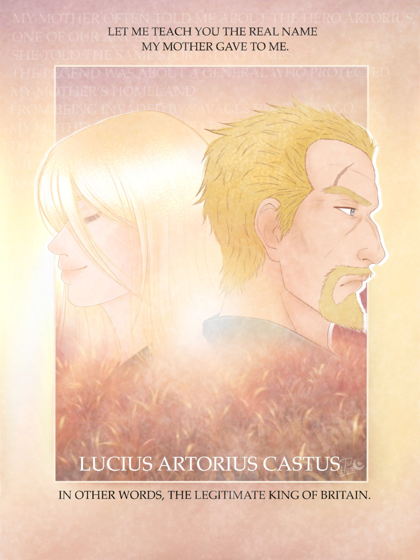 1boy 1girl aquiline_nose askeladd beard blonde_hair blue_eyes closed_eyes facial_hair highres long_hair lydia_(vinland_saga) mother_and_son short_hair sunlight tsukiihiime vinland_saga