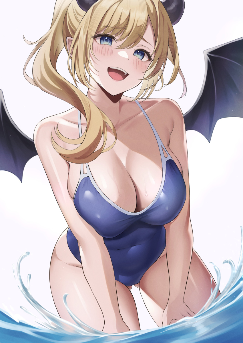 1girl :d absurdres ass_visible_through_thighs blonde_hair blue_eyes blue_one-piece_swimsuit blush breasts collarbone covered_navel demon_girl demon_horns demon_wings floating_hair hair_over_shoulder highres hololive horns large_breasts leaning_forward nekorone0222 one-piece_swimsuit open_mouth ponytail simple_background skindentation smile swimsuit virtual_youtuber wet white_background wings yuzuki_choco