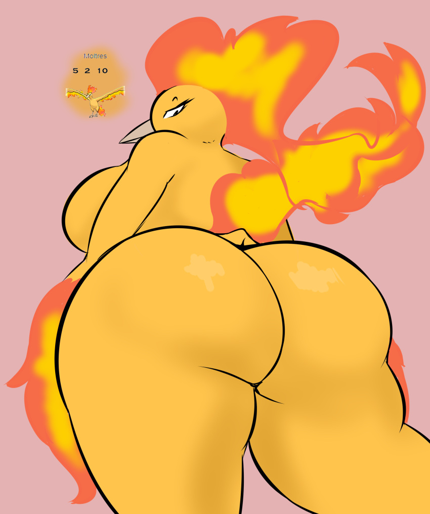 absurd_res anthro beak big_breasts big_butt breasts butt eyelashes female fire flaming_tail flaming_wings generation_1_pokemon hi_res legendary_pokemon looking_at_viewer looking_back looking_back_at_viewer low-angle_view moltres nintendo orange_body plantedpot pokemon pokemon_(species) rear_view solo tail thick_thighs wings