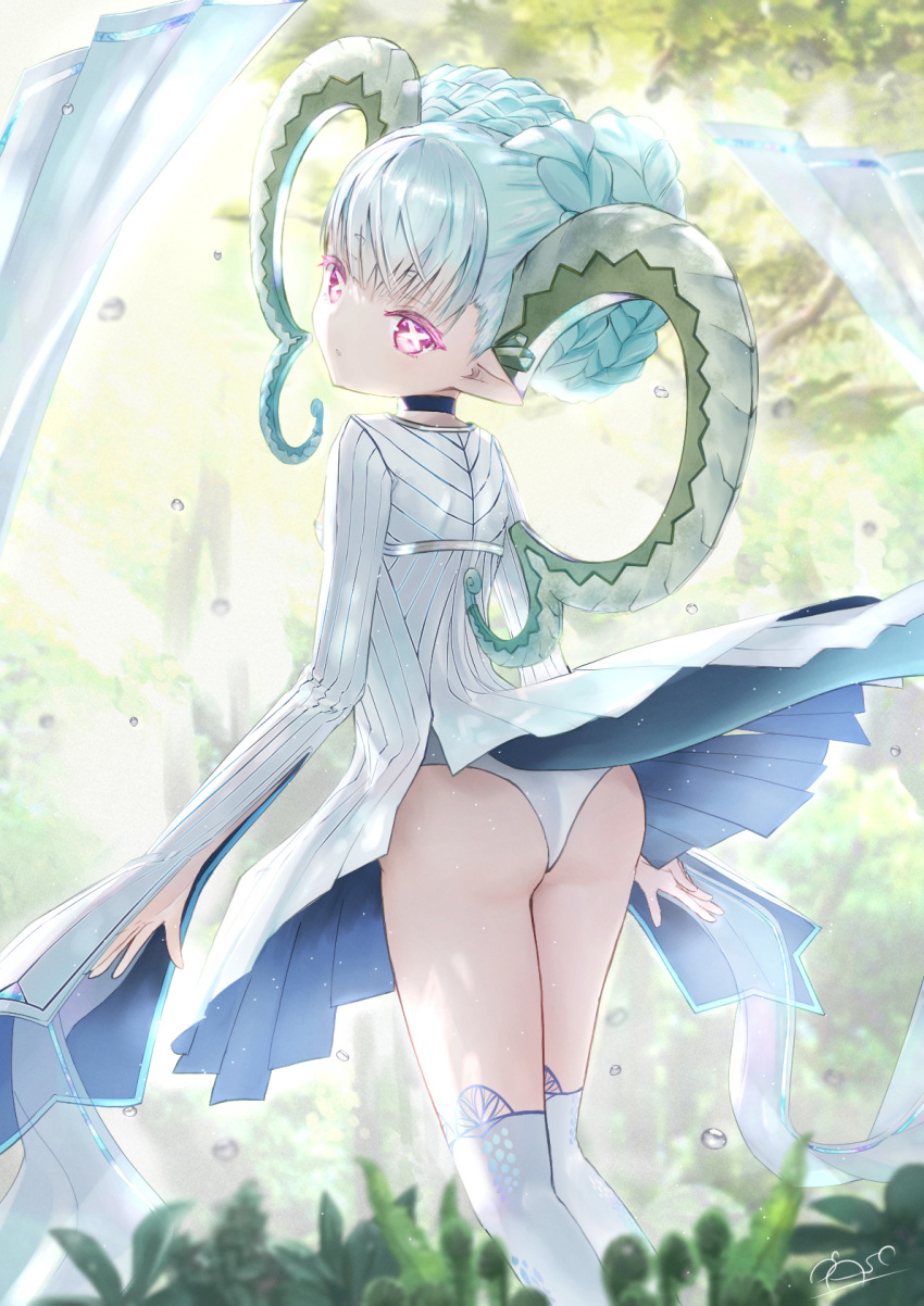 1girl aqua_hair asobeco ass braid breasts choker crown_braid curled_horns dress fate/grand_order fate_(series) highres horns larva_tiamat_(fate) long_hair long_horns long_sleeves looking_at_viewer looking_back panties pink_eyes pointy_ears ribbed_dress small_breasts solo symbol-shaped_pupils tail thighhighs thighs tiamat_(fate) underwear white_dress white_panties white_thighhighs