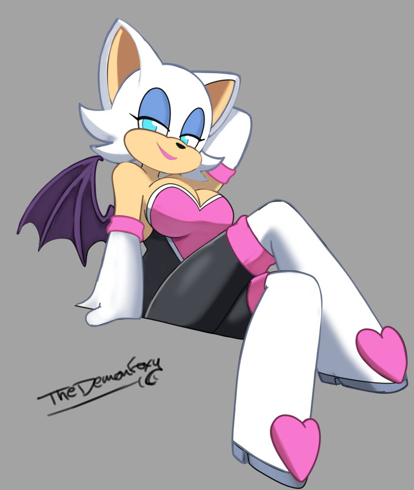 absurd_res anthro armwear bat bedroom_eyes boots breasts cleavage clothed clothing elbow_gloves female footwear gloves hand_behind_head handwear hi_res high_heeled_boots high_heels legwear looking_at_viewer mammal narrowed_eyes rouge_the_bat seductive sega solo sonic_the_hedgehog_(series) thedemonfoxy thigh_boots thigh_highs wings