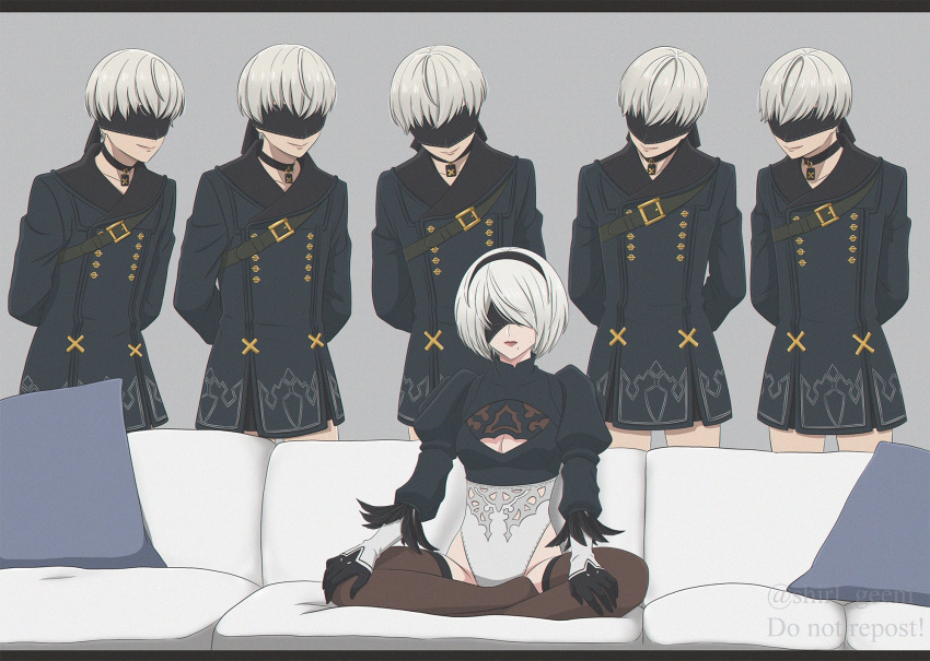 1girl 5boys arms_behind_back black_blindfold black_collar black_gloves black_hairband blindfold breasts cleavage cleavage_cutout clothing_cutout collar commentary couch gloves grey_hair hairband highres indian_style juliet_sleeves long_sleeves medium_breasts meme mole mole_under_eye multiple_boys multiple_persona nier:automata nier_(series) no_pants piper_perri_surrounded_(meme) puffy_sleeves shirl_geem sitting thighhighs turtleneck twitter_username watermark yorha_no._2_type_b yorha_no._9_type_s