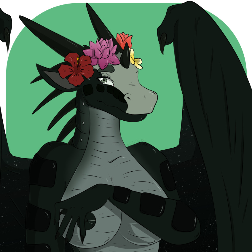 absurd_res aged_up anthro big_breasts black_body black_scales breasts countershade_torso countershading covering covering_breasts covering_nipples covering_self dragon female flower flower_on_head flowers_only frown green_body green_scales grey_body grey_eyes grey_scales hi_res hirothedragon looking_at_viewer moonwatcher_(wof) nightwing_(wof) nipples non-mammal_breasts non-mammal_nipples nude orange_flower pink_flower plant red_flower scales shy shy_expression simple_background solo spines starry_wings wearing_flowers white_body white_scales wings_of_fire yellow_flower