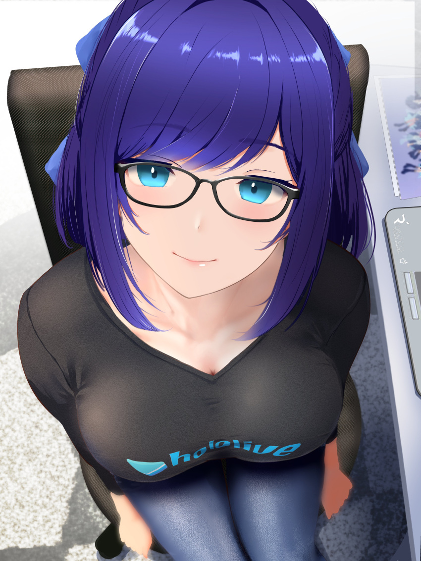 1girl a-chan_(hololive) absurdres alternate_breast_size black-framed_eyewear black_shirt blue_bow blue_eyes blue_hair blue_pants blush bow breasts chair cleavage closed_mouth cohi27151463 commentary computer cowboy_shot denim desk from_above glasses hair_bow highres hololive jeans laptop looking_at_viewer medium_breasts office_chair pants shirt short_hair sitting smile solo swept_bangs swivel_chair t-shirt virtual_youtuber