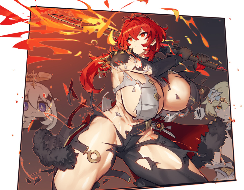 3girls blonde_hair blue_eyes breasts cleavage diluc_(genshin_impact) fire genderswap genderswap_(mtf) genshin_impact gloves greatsword huge_breasts long_hair long_sleeves lumine_(genshin_impact) melon22 multiple_girls paimon_(genshin_impact) ponytail red_hair sideboob sword thick_thighs thighs torn_clothes vision_(genshin_impact) weapon white_hair wolf's_gravestone_(genshin_impact) yellow_eyes