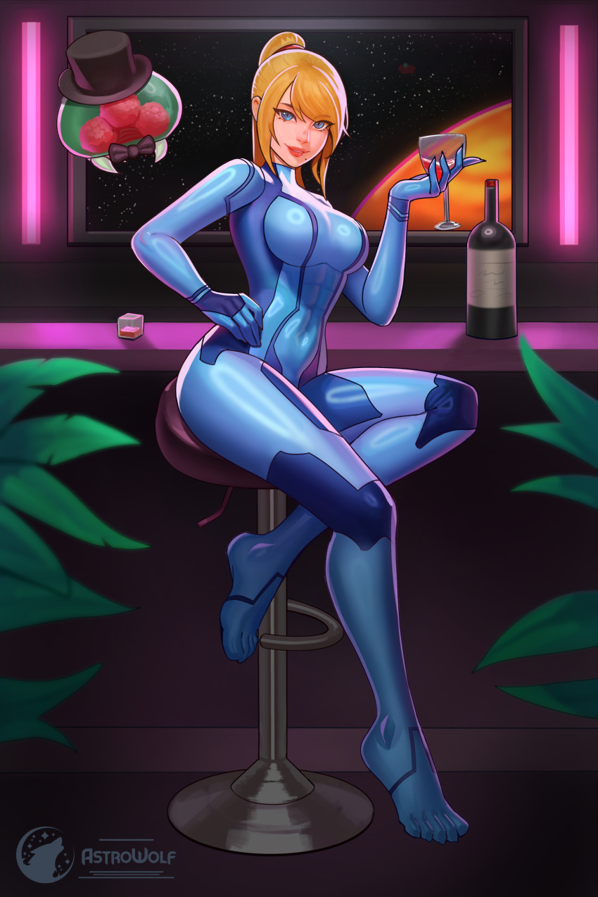 1girl astrowolf blonde_hair blue_bodysuit blue_eyes bodysuit breasts covered_navel english_commentary full_body hand_on_own_hip highres large_breasts long_hair looking_at_viewer metroid metroid_(creature) mole mole_under_mouth ponytail samus_aran sitting skin_tight smile solo space zero_suit