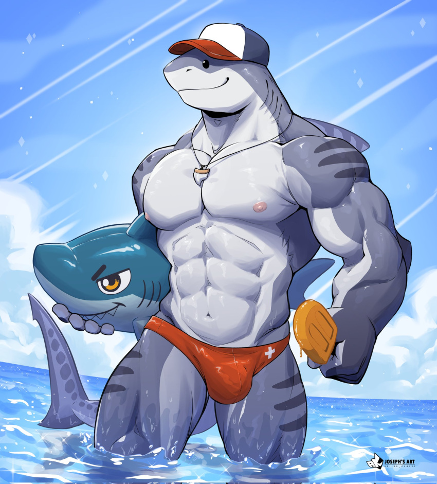 abs anjing_kampuss anthro areola biceps biped brondo_(mondoart) bulge clothed clothing cloud countershade_arms countershade_face countershade_neck countershade_torso countershading fin fish food gills grey_body hat headgear headwear hi_res holding_food holding_object holding_popsicle male marine muscular muscular_anthro muscular_male nipples partially_submerged pecs popsicle shark smile solo swimwear tail tail_fin topless topless_anthro topless_male water