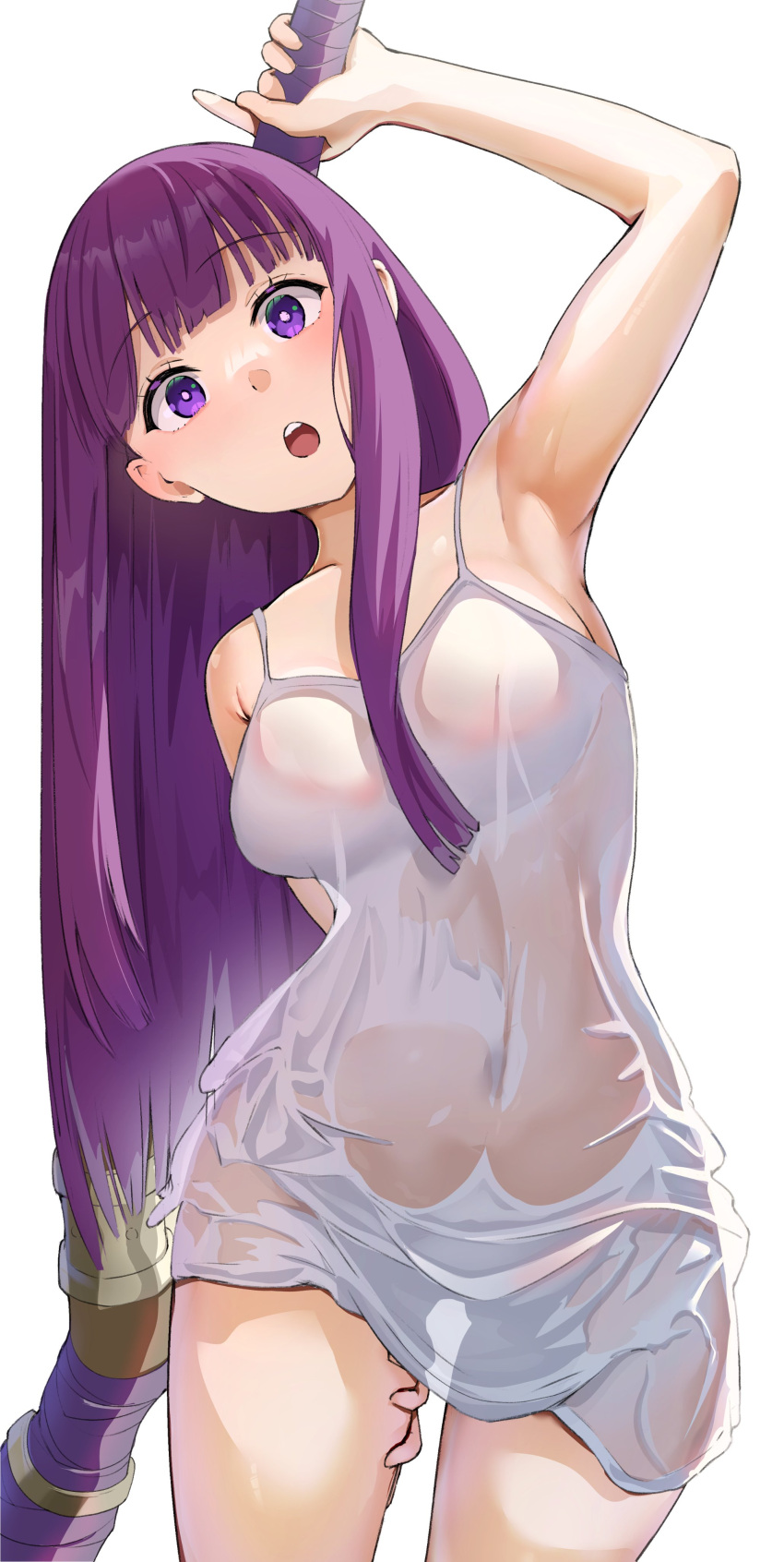 1girl absurdres arm_up armpits blunt_bangs breasts dress fern_(sousou_no_frieren) highres large_breasts long_hair looking_at_viewer open_mouth purple_eyes purple_hair see-through sleeveless sleeveless_dress solo sousou_no_frieren standing wet wet_clothes wet_dress white_dress yami_anko