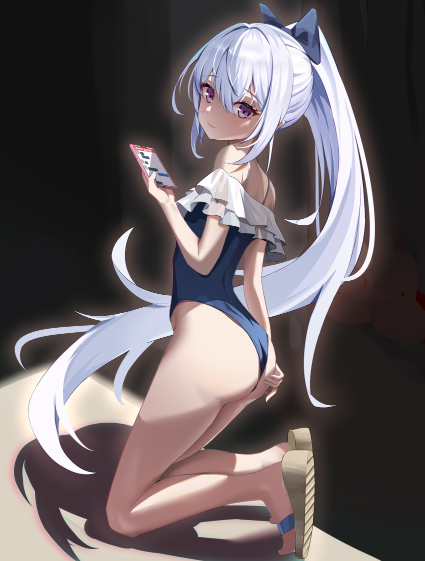 1girl absurdres amamiyayk ass bare_legs bare_shoulders blue_archive blue_one-piece_swimsuit blush bow casual_one-piece_swimsuit cellphone cellphone_picture frilled_one-piece_swimsuit frills grey_hair hair_bow highleg highleg_swimsuit highres holding holding_phone kneeling long_hair looking_at_viewer looking_to_the_side miyako_(blue_archive) miyako_(swimsuit)_(blue_archive) official_alternate_costume one-piece_swimsuit phone ponytail purple_eyes sandals shadow smile solo swimsuit very_long_hair