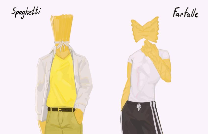 absurd_res belt bottomwear clothed clothing duo featureless_face food food_creature food_humanoid for_a_head fully_clothed hi_res humanoid jacket kogito living_pasta male neck_bow not_furry object_head pants shirt sweatpants t-shirt tight_clothing topwear yellow_body