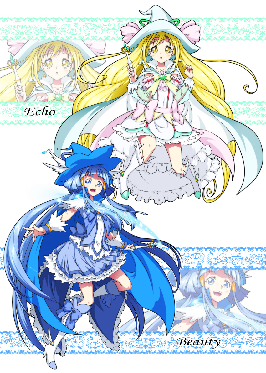 2girls :d absurdres adapted_costume alternate_costume aoki_reika blonde_hair blue_cape blue_dress blue_eyes blue_hair blue_skirt boots cape character_name commentary_request cure_beauty cure_echo detached_sleeves dress earrings eyelashes hair_ornament hairclip happy hat high_heel_boots high_heels highres jewelry large_hat long_hair looking_at_viewer magical_girl matatabi_(karukan222) multiple_girls open_mouth precure precure_all_stars sakagami_ayumi skirt smile smile_precure! staff standing twintails very_long_hair wand white_cape white_dress witch witch_hat wrist_cuffs yellow_eyes