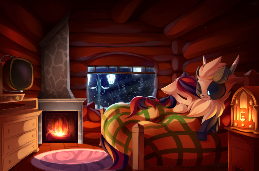 ambiguous_gender bed cabin canid canine cosy cuddling duo equid equine fire fireplace furniture hi_res kaleido-art mammal omegia_the_chthonic_tanuki peaceful_treasure raccoon_dog snow tanuki