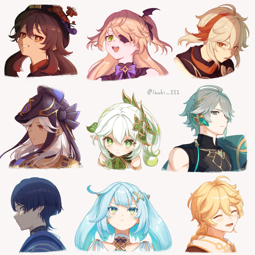 39_iduki 4girls 5boys :&lt; aether_(genshin_impact) alhaitham_(genshin_impact) animal_hat aqua_hair black_headwear black_ribbon blonde_hair blush braid brown_hair closed_eyes closed_mouth cyno_(genshin_impact) eyepatch faruzan_(genshin_impact) fischl_(genshin_impact) flower flower-shaped_pupils genshin_impact gradient_hair green_eyes green_hair grey_background grey_hair hair_between_eyes hair_ornament hair_over_one_eye hair_ribbon hat highres hu_tao_(genshin_impact) kaedehara_kazuha long_hair looking_at_viewer low_twintails multicolored_hair multiple_boys multiple_girls nahida_(genshin_impact) open_mouth ponytail red_eyes red_hair ribbon scaramouche_(genshin_impact) side_ponytail simple_background single_braid streaked_hair symbol-shaped_pupils twintails twitter_username two_side_up wanderer_(genshin_impact) white_hair x_hair_ornament