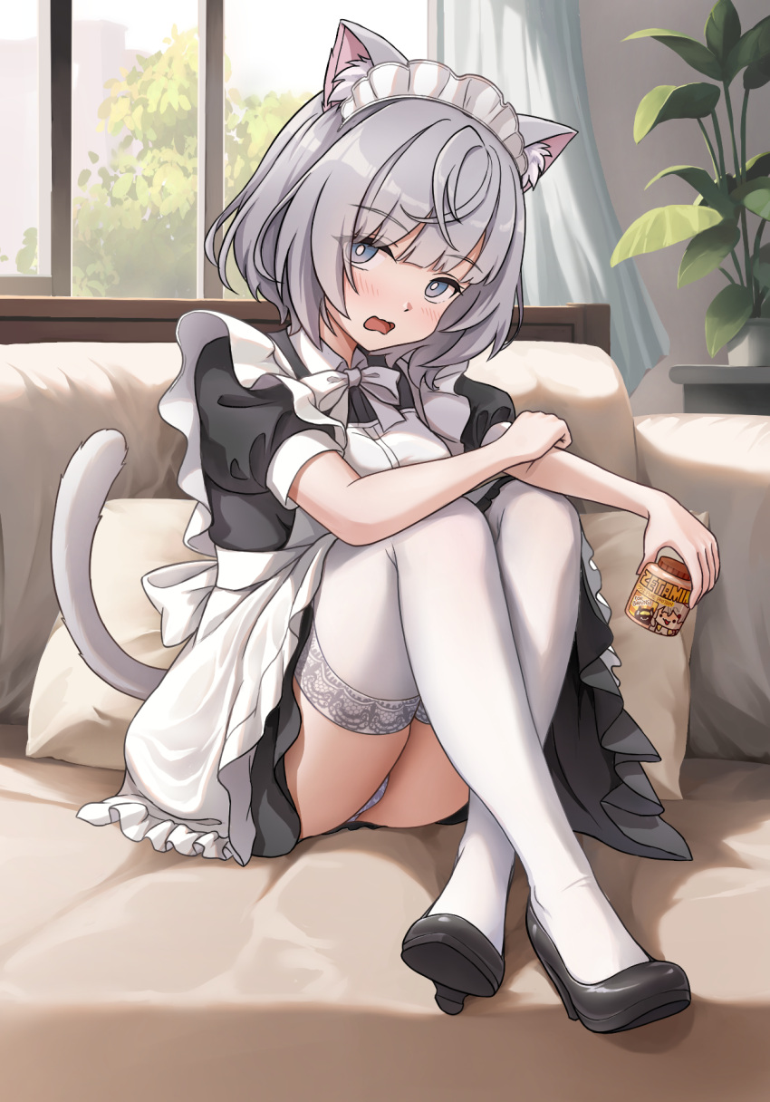 1girl animal_ears apron ass black_footwear blue_eyes blush bottle bow breasts cat_ears cat_girl cat_tail couch crossed_ankles dress frilled_apron frills grey_hair high_heels highres holding holding_bottle hololive hololive_indonesia indoors looking_at_viewer maid maid_apron maid_headdress medium_breasts open_mouth panties pill_bottle pillow plant potted_plant puffy_short_sleeves puffy_sleeves pumps shoes short_dress short_hair short_sleeves sitting solo tail thighhighs underwear vestia_zeta white_apron white_bow white_thighhighs window zeng$_(zwj)