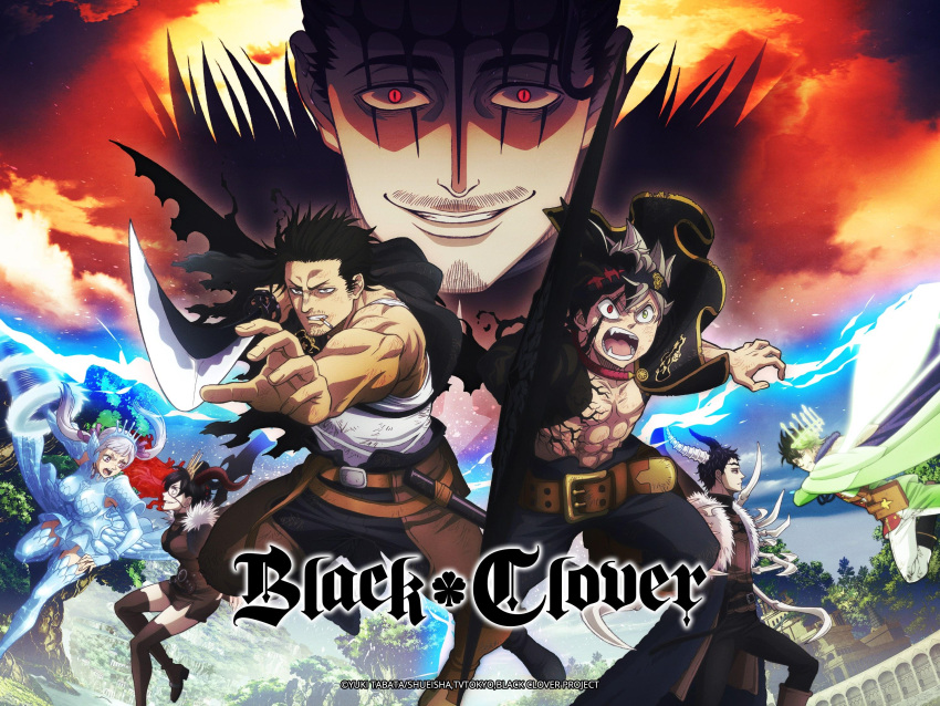 2girls 5boys abs asta_(black_clover) battle black_bulls_(emblem) black_capelet black_clover black_hair black_headband blue_armor book capelet cloud cloudy_sky copyright_name crotchless crotchless_pants dante_zogratis demon_horns demon_wings duel evil_smile fairy_wings foreshortening from_side goatee_stubble green_eyes grey_hair grimoire headband highres holding holding_sword holding_weapon horns hydrokinesis katana leather_belt liquid_clothes looking_at_viewer mature_male midair multiple_boys multiple_girls muscular muscular_male mustache_stubble noelle_silva official_art pants projected_inset promotional_art red_eyes serious short_hair single_wing sky smile spiked_hair sword tank_top toned toned_male torn_capelet twintails valkyrie vanica_zogratis water weapon white_tank_top wings yami_sukehiro yuno_(black_clover) zenon_zogratis