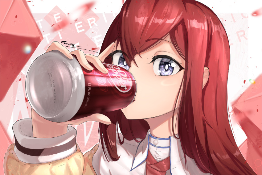 1girl absurdres can dark_red_hair dr_pepper drinking eriott highres holding holding_can lab_coat long_hair looking_at_viewer makise_kurisu necktie purple_eyes red_necktie soda soda_can solo steins;gate upper_body