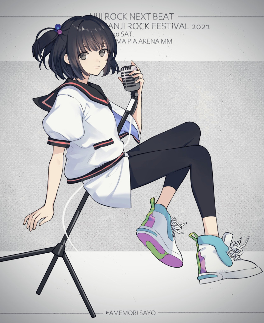 1girl amemori_sayo black_eyes black_hair black_leggings black_sailor_collar character_name copyright_name from_side full_body highres holding holding_microphone iv_4t leggings microphone nijisanji one_side_up puffy_short_sleeves puffy_sleeves sailor_collar shirt shoes short_hair short_sleeves sneakers solo virtual_youtuber white_shirt