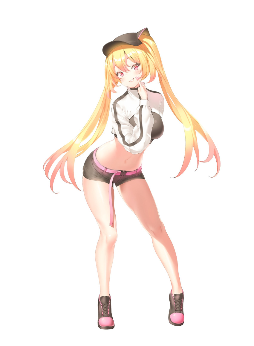 1girl absurdres bare_legs baseball_cap belt black_footwear black_headwear black_shirt black_shorts blonde_hair breasts commission crop_top facial_mark full_body gradient_hair grin hair_through_headwear hand_up hat heart highres keibeam legs long_hair long_sleeves looking_at_viewer medium_breasts micro_shorts midriff multicolored_hair navel original red_eyes shirt shoes short_shorts shorts shrug_(clothing) simple_background smile solo standing stomach thighs twintails very_long_hair white_background