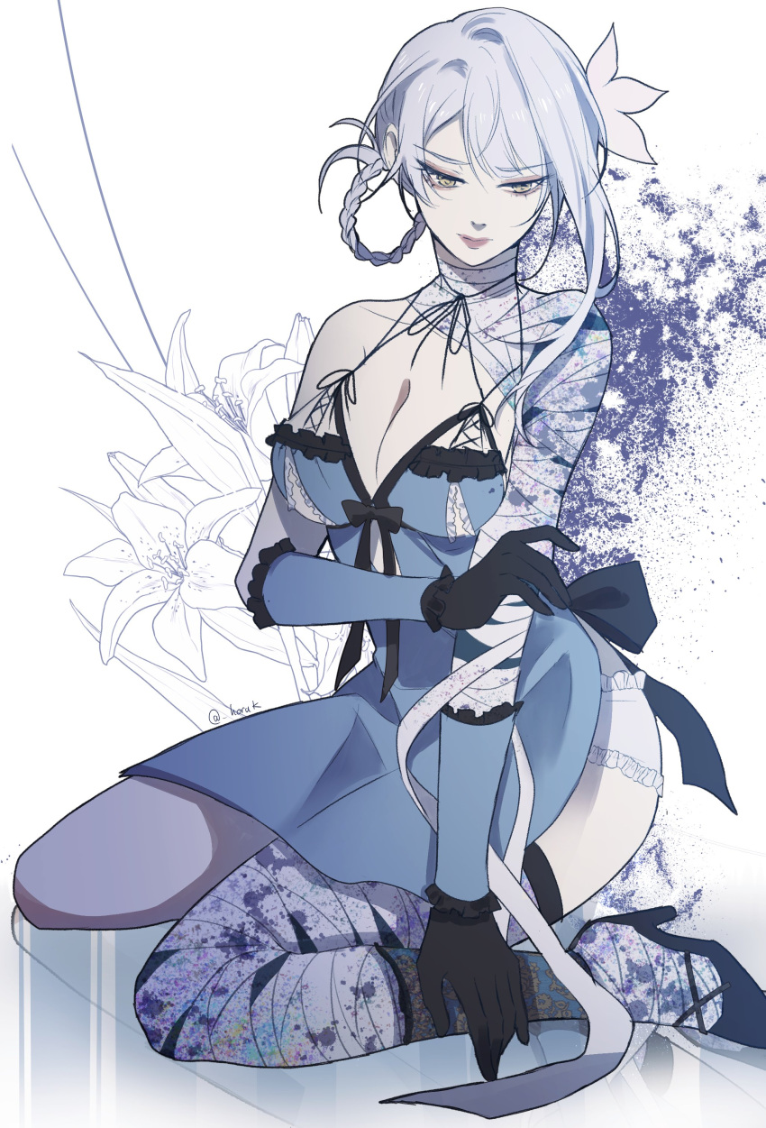 absurdres asymmetrical_hair back_bow bandaged_arm bandaged_leg bandages black_gloves bow braid breasts cleavage floral_background flower full_body gloves grey_hair hair_flower hair_ornament hair_rings half-closed_eyes hand_on_own_arm high_heels highres hora_k kaine_(nier) kneeling large_breasts lily_(flower) lingerie negligee nier_(series) swept_bangs underwear yellow_eyes