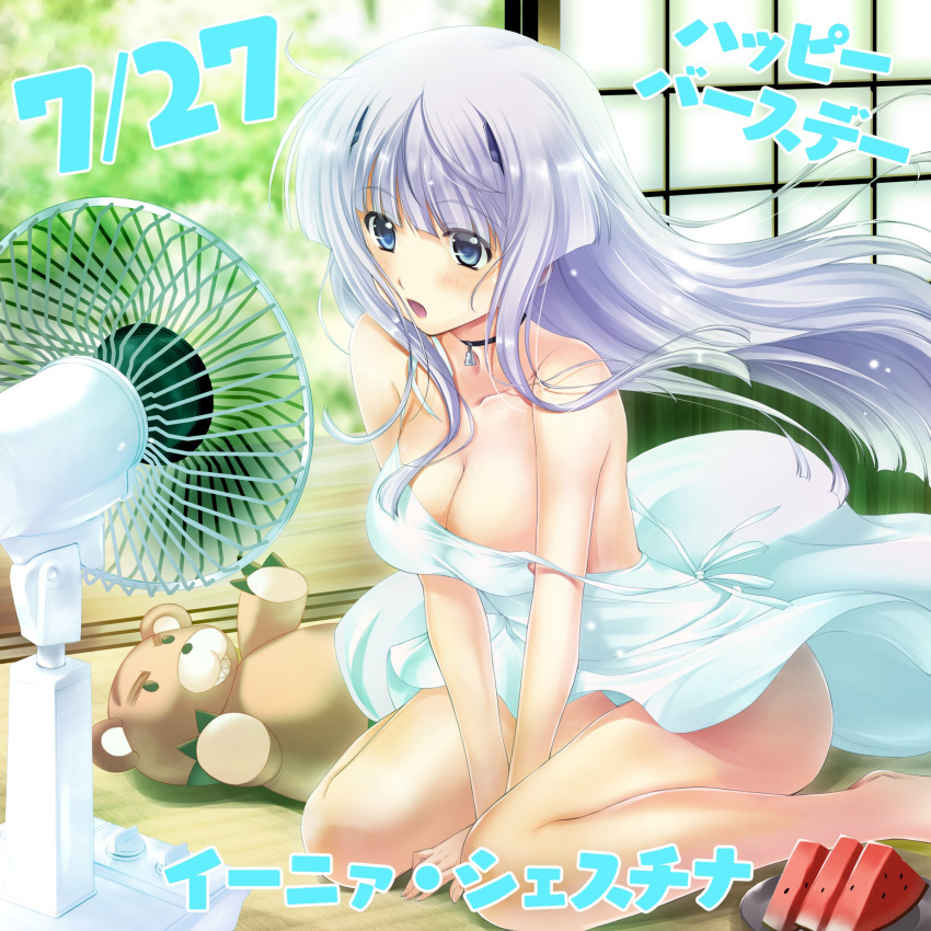 1girl :o absurdres arms_between_legs black_choker blue_eyes blush character_name choker collarbone dress floating_hair food fruit grey_hair happy_birthday highres indoors inia_sestina long_hair miyata_sou muv-luv muv-luv_alternative muv-luv_total_eclipse off_shoulder official_art open_mouth sitting solo stuffed_animal stuffed_toy teddy_bear very_long_hair wariza watermelon watermelon_slice white_dress