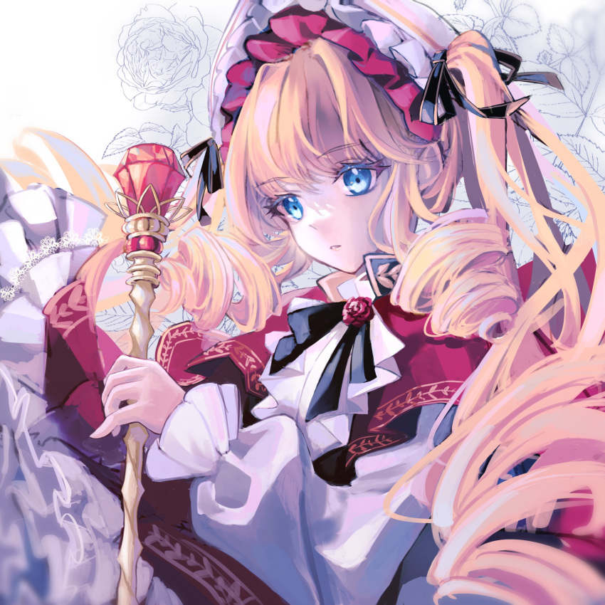 1girl ascot black_bow black_bowtie blonde_hair blue_eyes bow bowtie cane commentary_request dress drill_hair drill_locks expressionless flower frilled_sleeves frills gem highres holding holding_cane lolita_fashion long_hair long_sleeves looking_at_viewer parted_lips quad_drills red_dress red_flower red_gemstone red_rose rose rozen_maiden shinku shirt solo twintails upper_body very_long_hair white_ascot white_shirt yukari_(957764483)