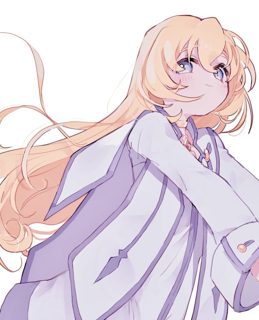 1girl absurdres blonde_hair blue_eyes closed_mouth colette_brunel crossed_bangs hair_between_eyes highres jewelry light_blush long_hair long_sleeves looking_at_viewer nancykittyu neck_ring necklace robe smile solo tales_of_(series) tales_of_symphonia upper_body white_background white_robe