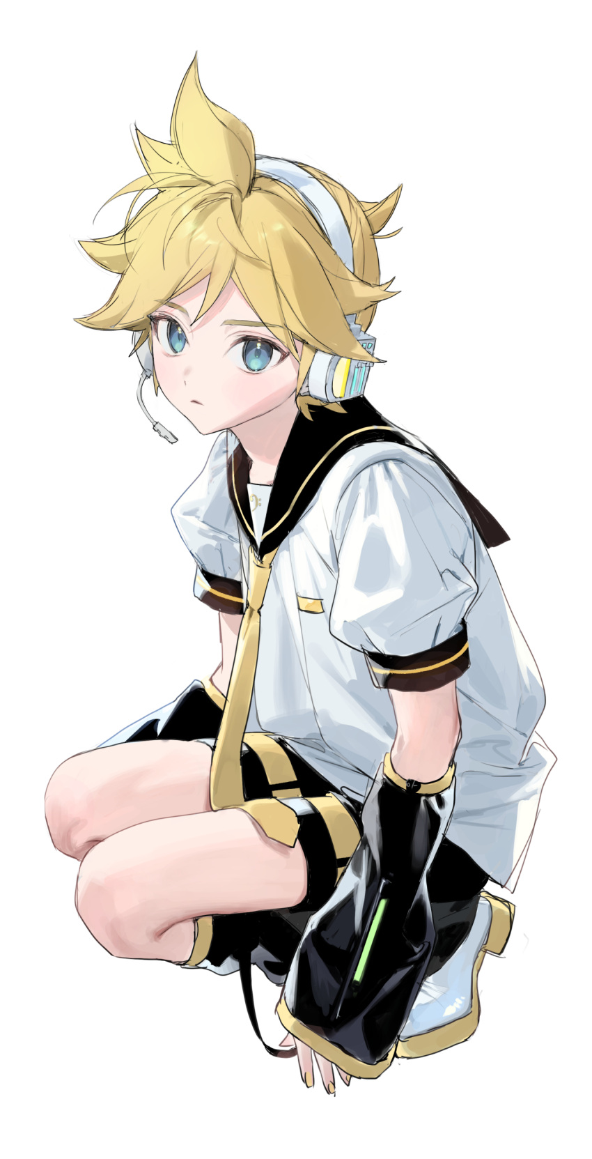 1boy absurdres aqua_eyes bass_clef black_shorts blonde_hair detached_sleeves headphones highres kagamine_len leg_warmers looking_at_viewer male_focus naoko_(naonocoto) necktie shorts simple_background solo squatting vocaloid white_background yellow_nails yellow_necktie