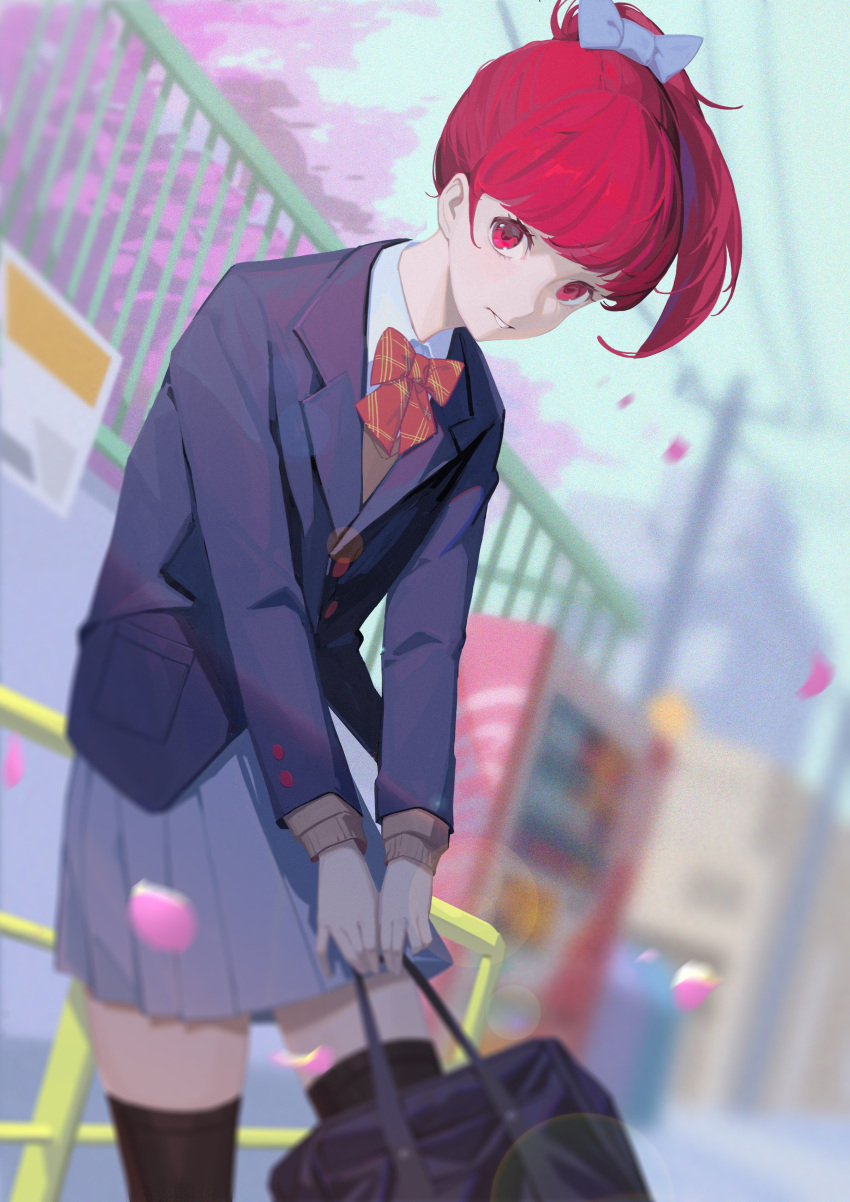 1girl aash4i absurdres bag black_jacket black_thighhighs blazer bow bowtie cherry_blossoms day grey_shirt highres holding holding_bag jacket lens_flare long_hair long_sleeves looking_at_viewer outdoors parted_lips persona persona_5 pink_eyes red_bow red_bowtie red_hair school_uniform shirt short_ponytail solo spring_(season) thighhighs yoshizawa_kasumi zettai_ryouiki