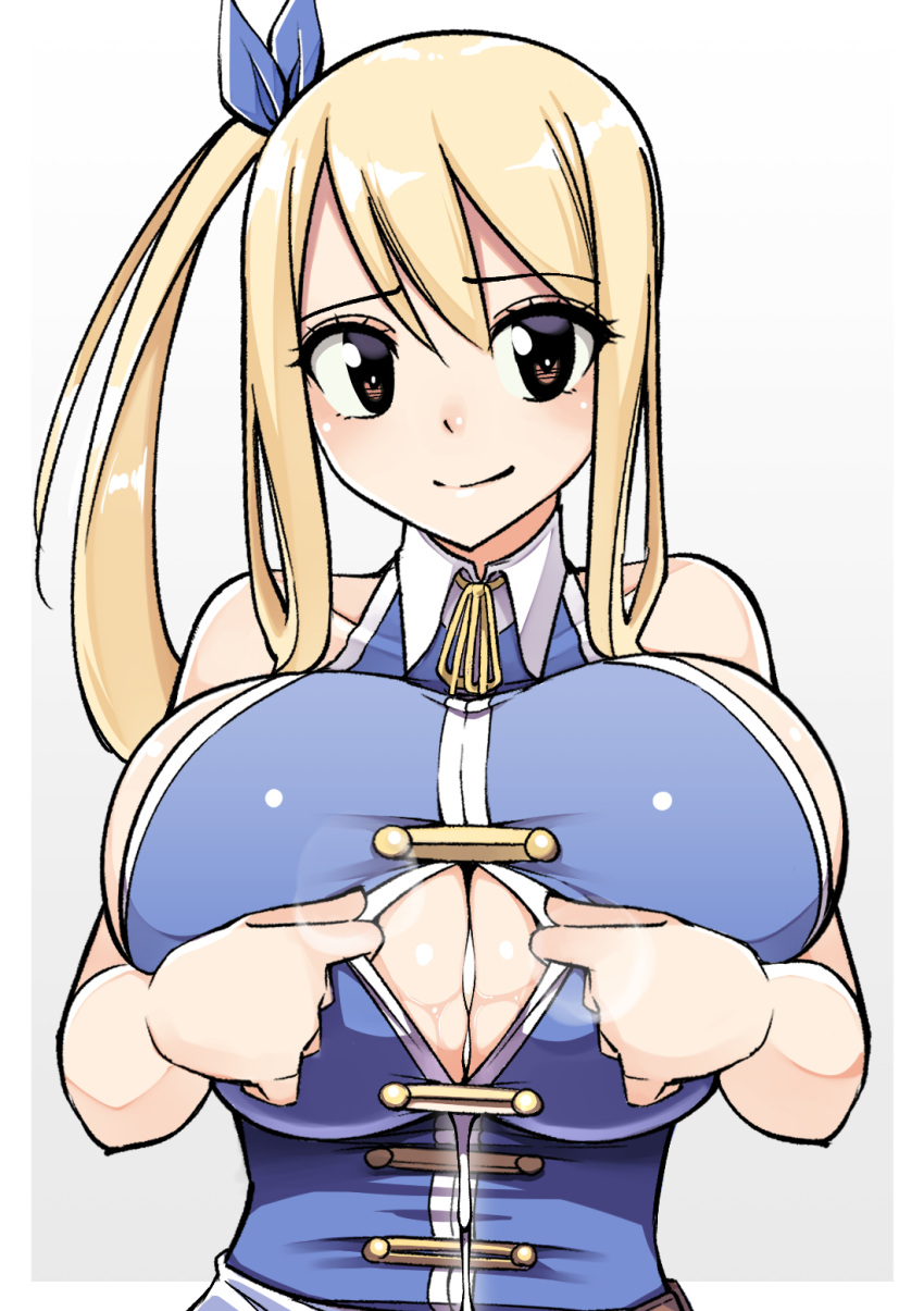 1girl after_ejaculation after_paizuri bare_shoulders blonde_hair blue_ribbon blue_shirt breasts brown_eyes center_opening cleavage closed_mouth collared_shirt commentary_request cum cum_on_body cum_on_breasts ejaculation fairy_tail gradient_background hair_ribbon highres huge_breasts long_hair looking_at_viewer lucy_heartfilia paizuri_invitation ribbon sakidesu shirt side_ponytail sleeveless sleeveless_shirt smile solo upper_body white_background