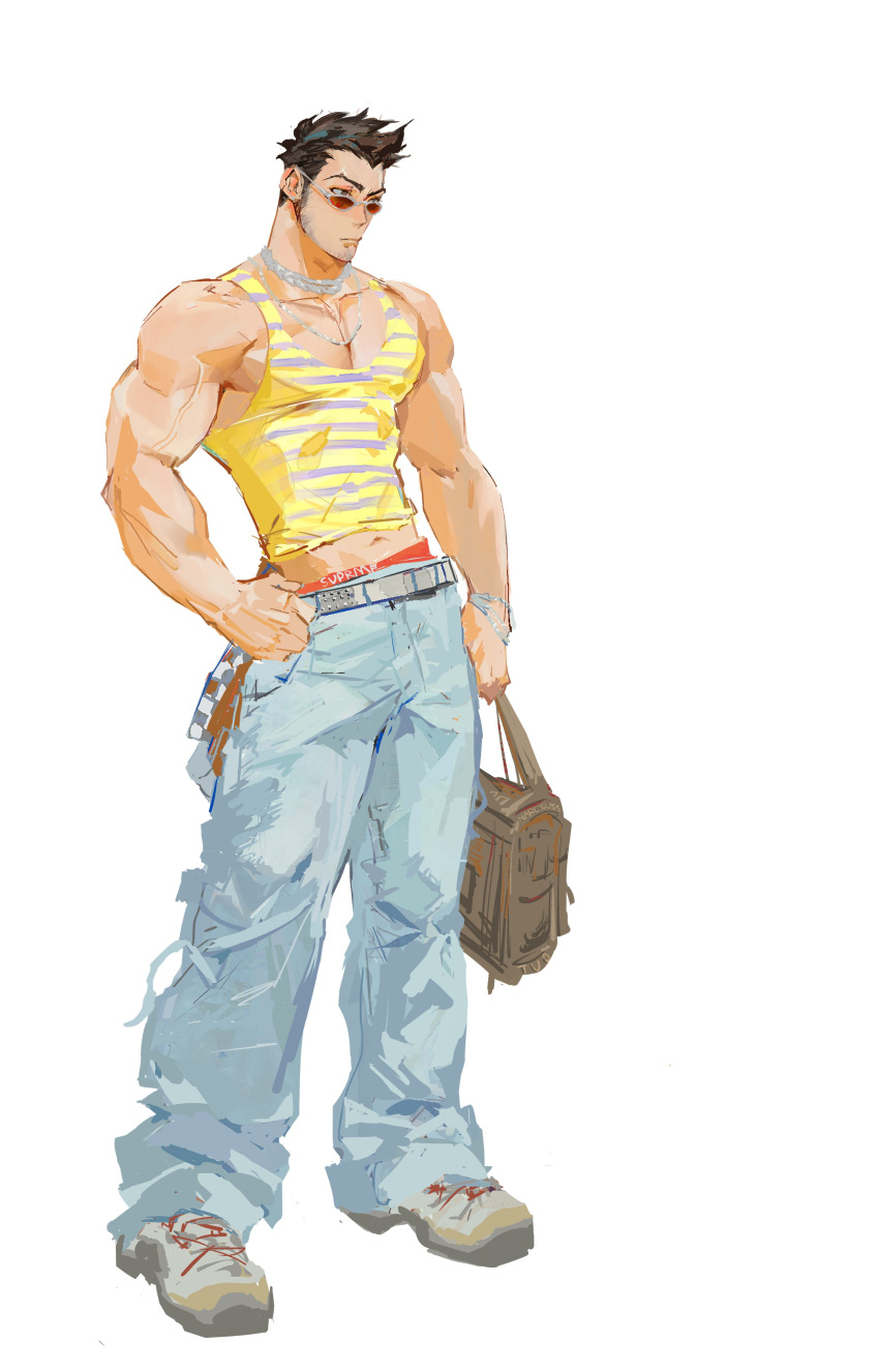 1boy absurdres bag baggy_pants bara beard_stubble belt brillianttuo highres holding holding_bag hunter_x_hunter jewelry leorio_paladiknight male_focus muscular muscular_male navel necklace pants shoes sideburns sideburns_stubble sneakers solo spiked_hair striped_tank_top sunglasses tank_top thick_arms white_background