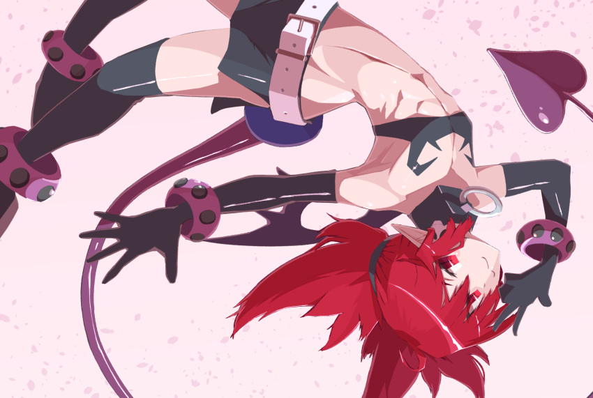 1girl :3 belt boots commentary_request demon_girl demon_tail demon_wings disgaea earrings elbow_gloves etna_(disgaea) flat_chest gloves highres jewelry knee_boots microskirt navel o-ring_collar pink_background pointy_ears red_eyes red_hair revealing_clothes skirt skull_earrings smile solo strail_cycleman tail twintails upside-down wings