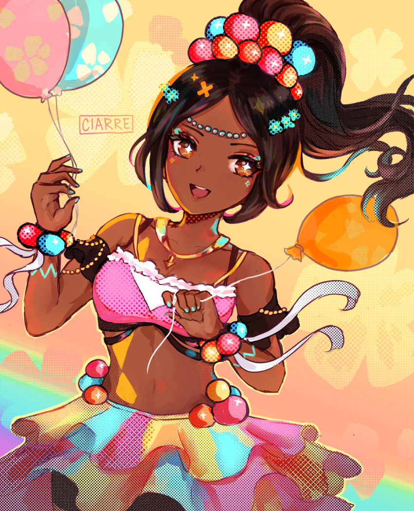 1girl aqua_nails balloon bare_shoulders bracelet ciarre crop_top dark-skinned_female dark_skin eyeliner eyeshadow fire_emblem fire_emblem_engage high_ponytail highres holding holding_balloon jewelry makeup nail_polish pearl_bracelet pearl_hair_ornament pink_eyeliner pink_eyeshadow sidelocks solo star-shaped_pupils star_(symbol) symbol-shaped_pupils timerra_(fire_emblem)