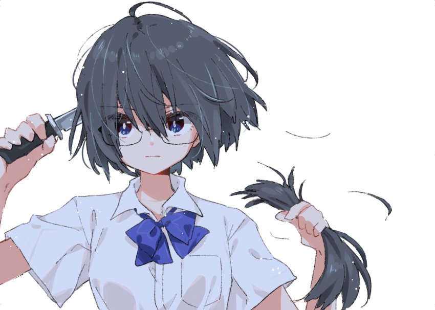 1girl antenna_hair blue_bow blue_bowtie blue_eyes bow bowtie commentary cutting_hair expressionless glasses grey_hair highres holding holding_hair holding_knife knife looking_at_viewer matsuda_hikari original rectangular_eyewear shirt short_hair short_sleeves simple_background solo upper_body white_background white_shirt