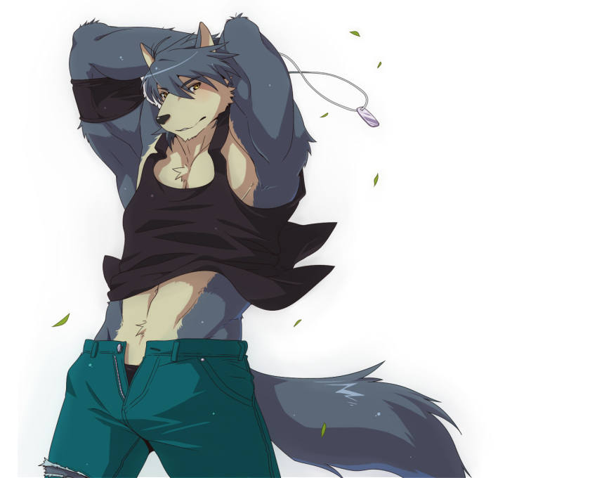 1boy abs animal_ears armpits arms_behind_head bara bicep_strap black_male_underwear black_tank_top commentary_request dog_boy dog_ears dog_tail falling_leaves furry furry_male highres holding holding_jewelry holding_necklace jewelry kouya_aotsuki leaf looking_at_viewer male_focus male_underwear morenatsu necklace open_fly sen_fuuka shirt sleeveless sleeveless_shirt tail tank_top underwear unzipped white_background wind