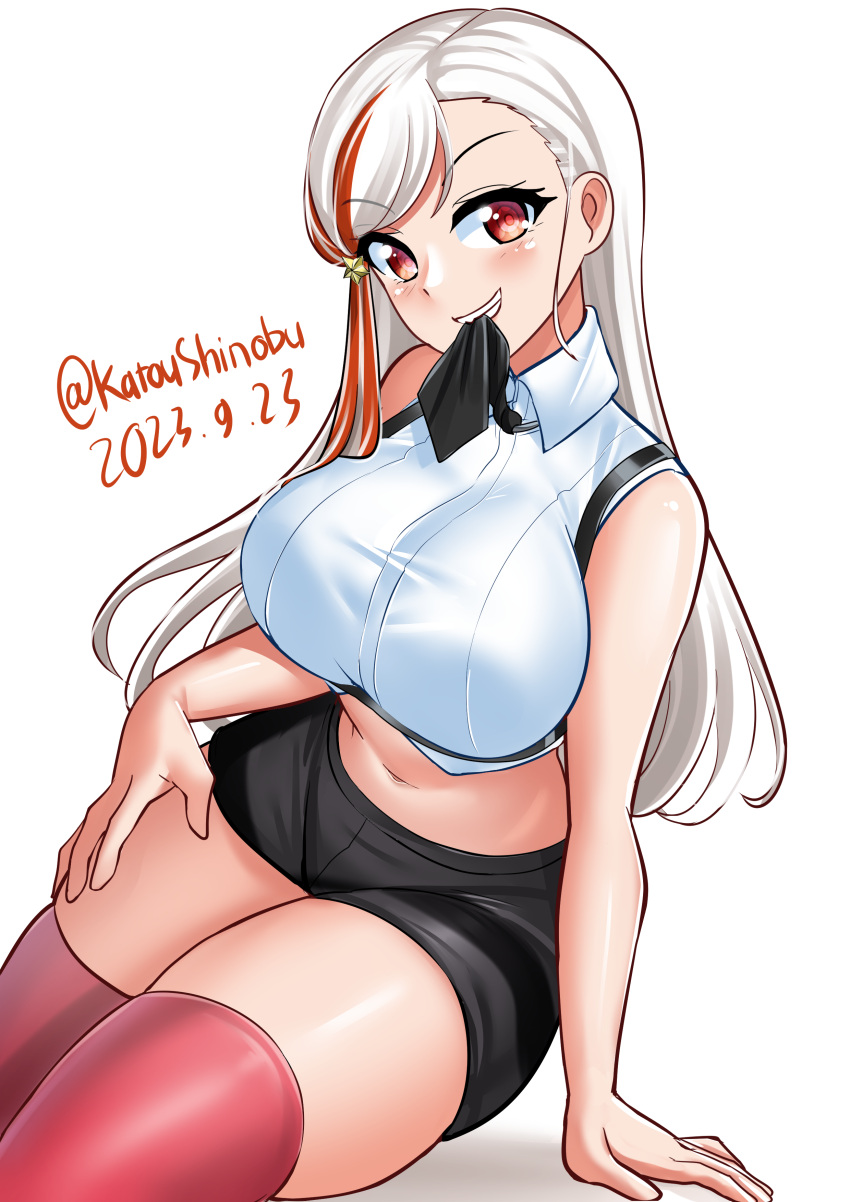 1girl absurdres black_necktie black_shorts blonde_hair breasts collared_shirt cowboy_shot dated dress_shirt grin highres kantai_collection katou_shinobu large_breasts long_hair massachusetts_(kancolle) midriff mouth_hold multicolored_hair necktie one-hour_drawing_challenge red_eyes red_hair red_thighhighs shirt short_shorts shorts simple_background sitting sleeveless sleeveless_shirt smile solo streaked_hair thighhighs white_background white_shirt