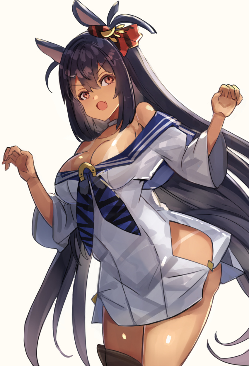 1girl animal_ears bare_shoulders black_hair blue_shirt breasts choker cleavage commentary_request cowboy_shot dark-skinned_female dark_skin ear_scrunchie fang highres hishi_amazon_(umamusume) horse_ears horse_girl horse_tail long_hair open_mouth red_eyes shirt simple_background skirt solo tail tan tanlines the_olphy thigh_strap two-tone_shirt umamusume very_long_hair white_background white_choker white_shirt white_skirt