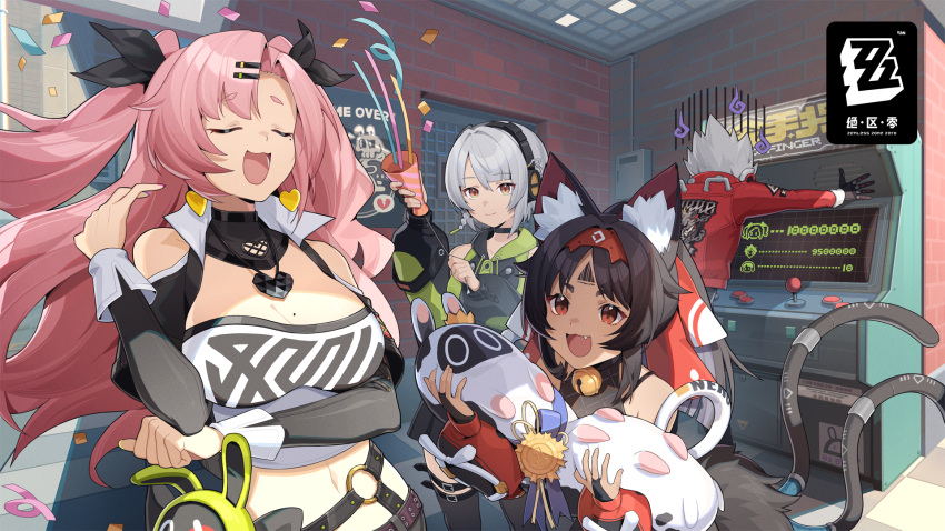 1boy 3girls anby_demara animal_ears bangboo_(zenless_zone_zero) billy_kid black_gloves breasts chinese_commentary closed_eyes commentary_request earrings gloves height_difference highres jacket jewelry large_breasts long_hair long_sleeves looking_at_another midriff milestone_celebration multiple_girls navel nekomiya_mana nicole_demara official_art open_mouth pink_hair red_jacket short_hair standing stomach strapless tail tube_top upper_body white_hair zenless_zone_zero