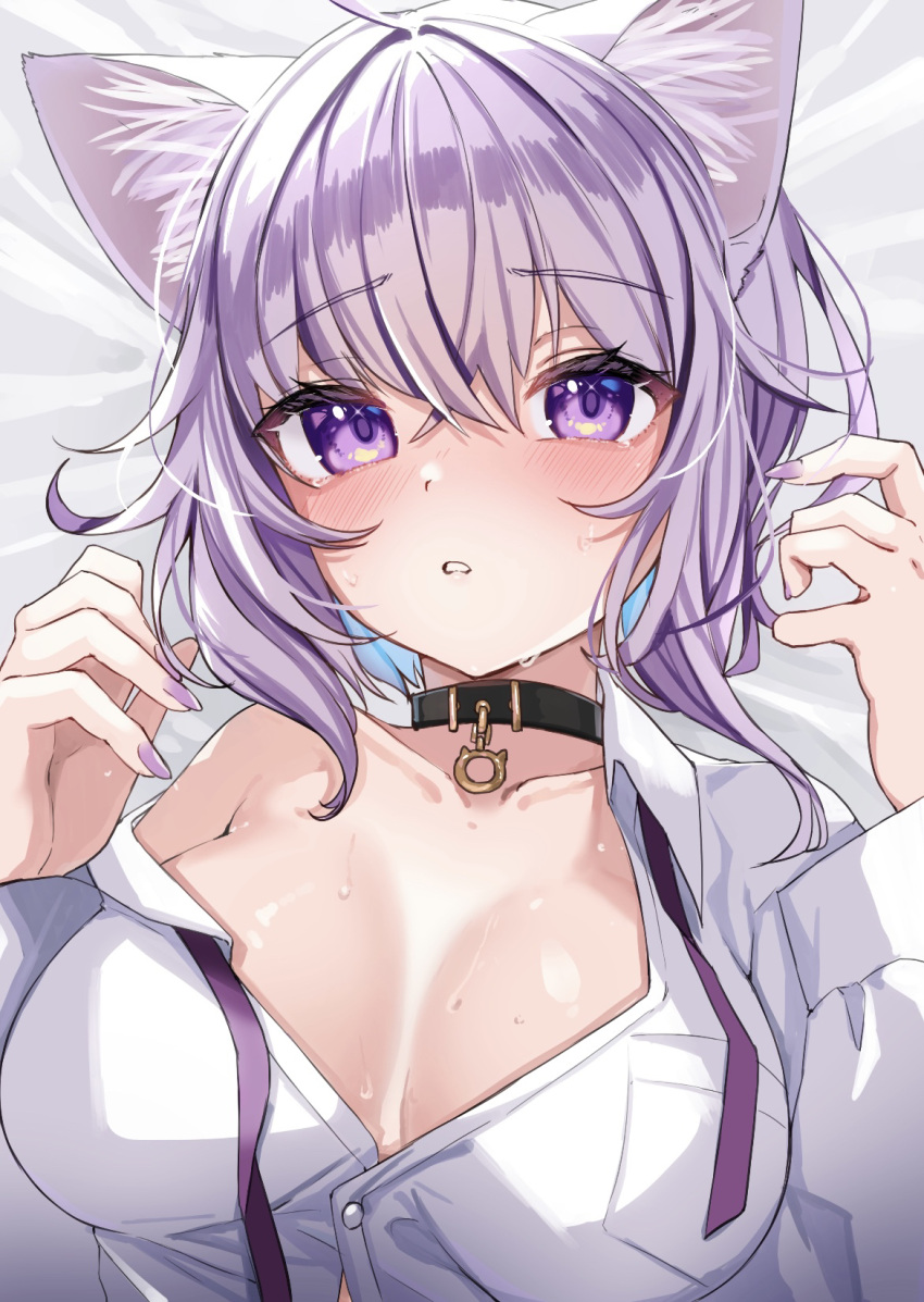 1girl ahoge animal_collar animal_ear_fluff animal_ears black_collar blush breasts cat_ears cat_girl collar collared_shirt commentary_request crossed_bangs highres hololive komiojisan long_sleeves looking_at_viewer loose_neck_ribbon lying medium_breasts nail_polish nekomata_okayu no_bra off_shoulder official_alternate_costume on_back parted_lips purple_eyes purple_hair purple_nails shirt short_hair single_bare_shoulder solo upper_body virtual_youtuber white_shirt